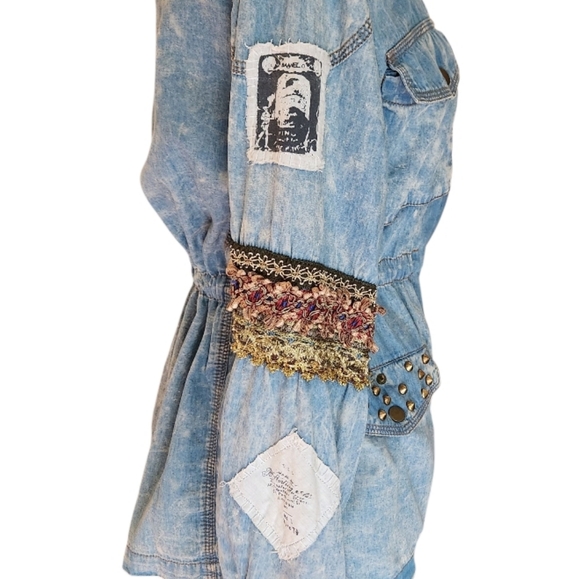 Upcycled Denim Military Jacket London Boho Studded Festival Patchwork Medium - Picture 7 of 16